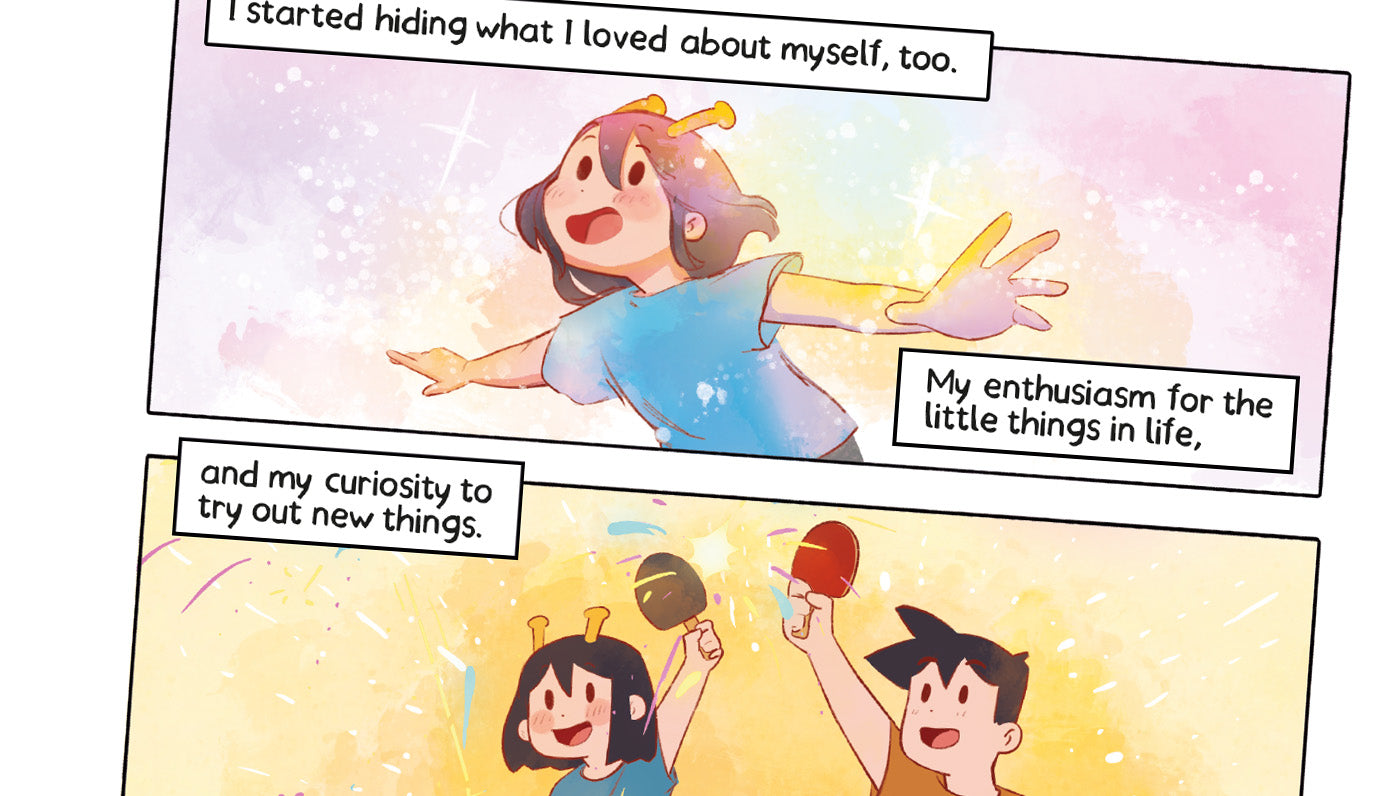 Comic strip with a character expressing enthusiasm and curiosity, surrounded by friends.