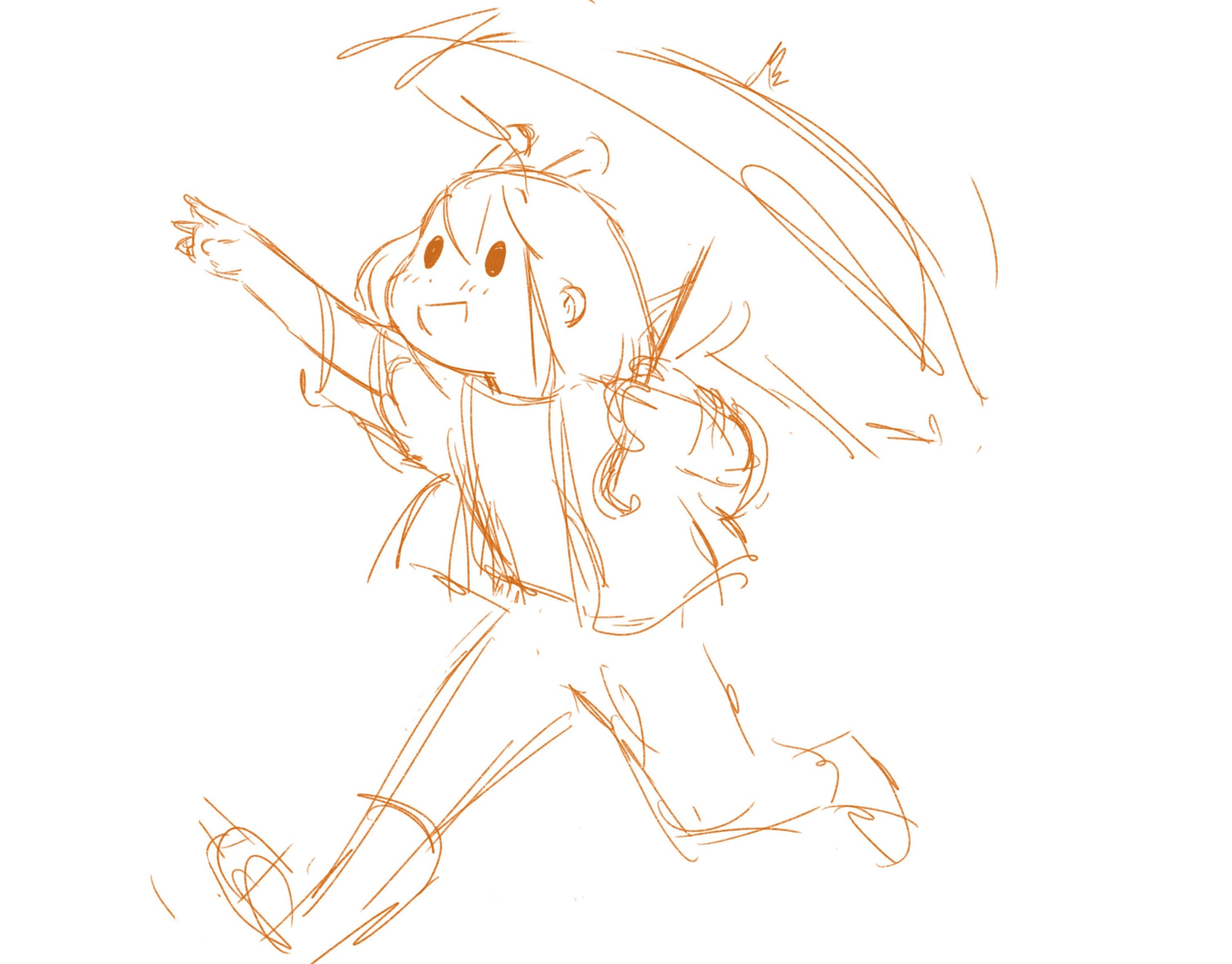 Sketch of the ADHD Alien character with an umbrella, running on a white background.