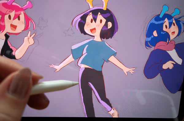 ADHD Alien characters with colorful hair and outfits on a screen, with a hand holding a stylus. - Making of image 3