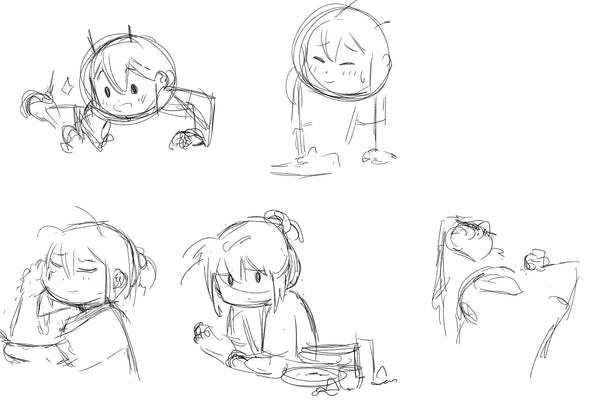 Set of black and white line drawings of the ADHD Alien character in various poses. - Making of image 2