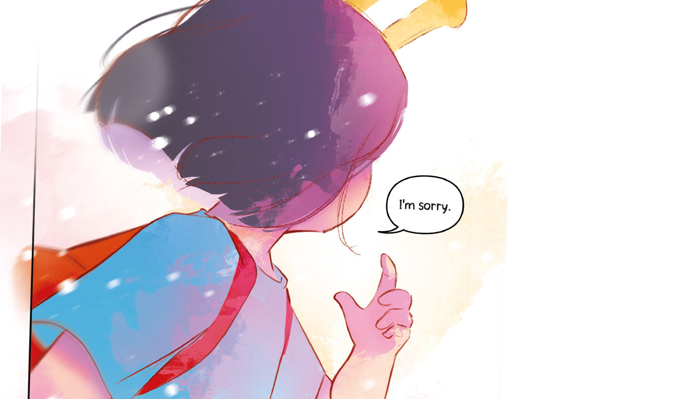 Comic panel with a character apologizing, shown from behind with a colorful background.