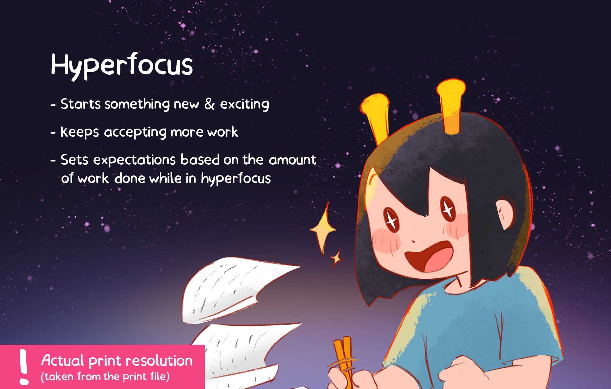 Illustration of a character with text describing hyperfocus against a starry night sky.