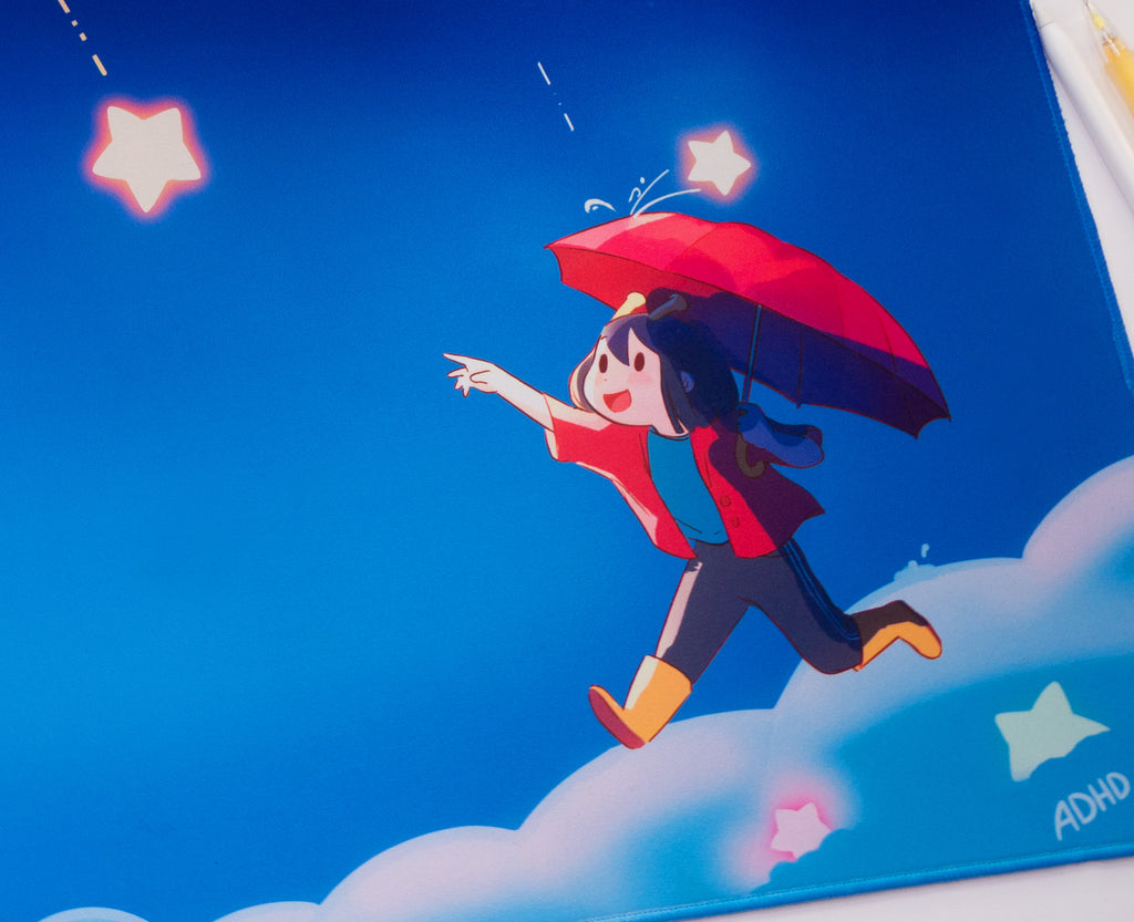 ADHD Alien Cartoon character with a red umbrella on a cloud, with 'ADHD Alien' signature at the bottom.