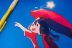 Illustration of the ADHD Alien character with a red umbrella against a blue background, with a pen on the side.
