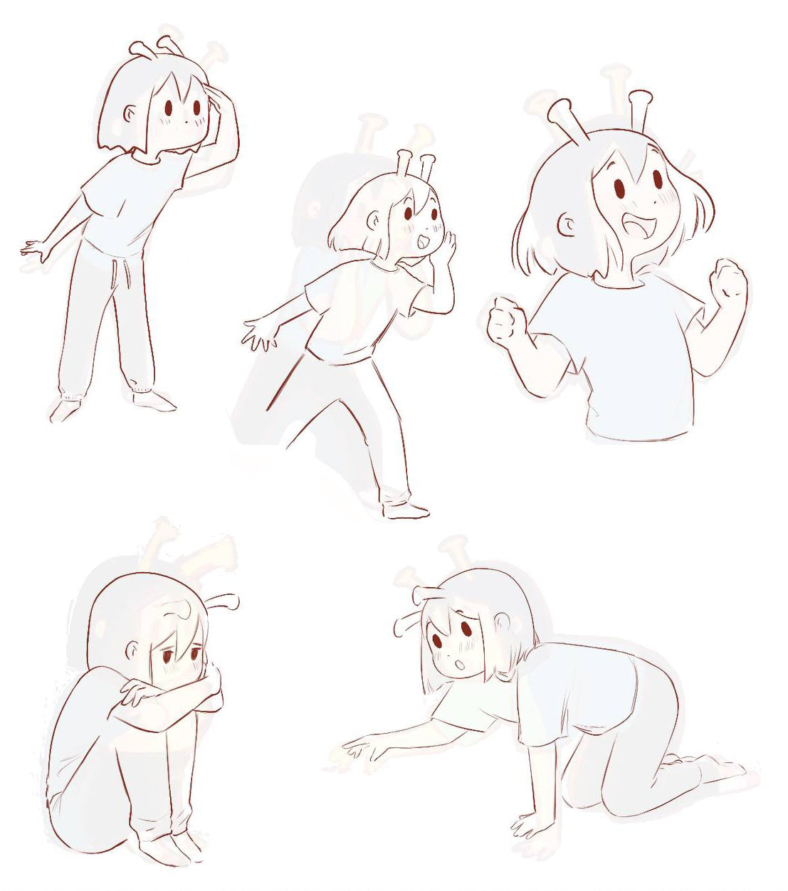 Set of five ADHD Alien character sketches in various poses on a white background