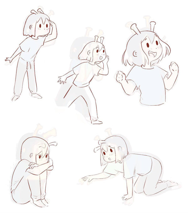 Set of five ADHD Alien character sketches in various poses on a white background - Making of image 3