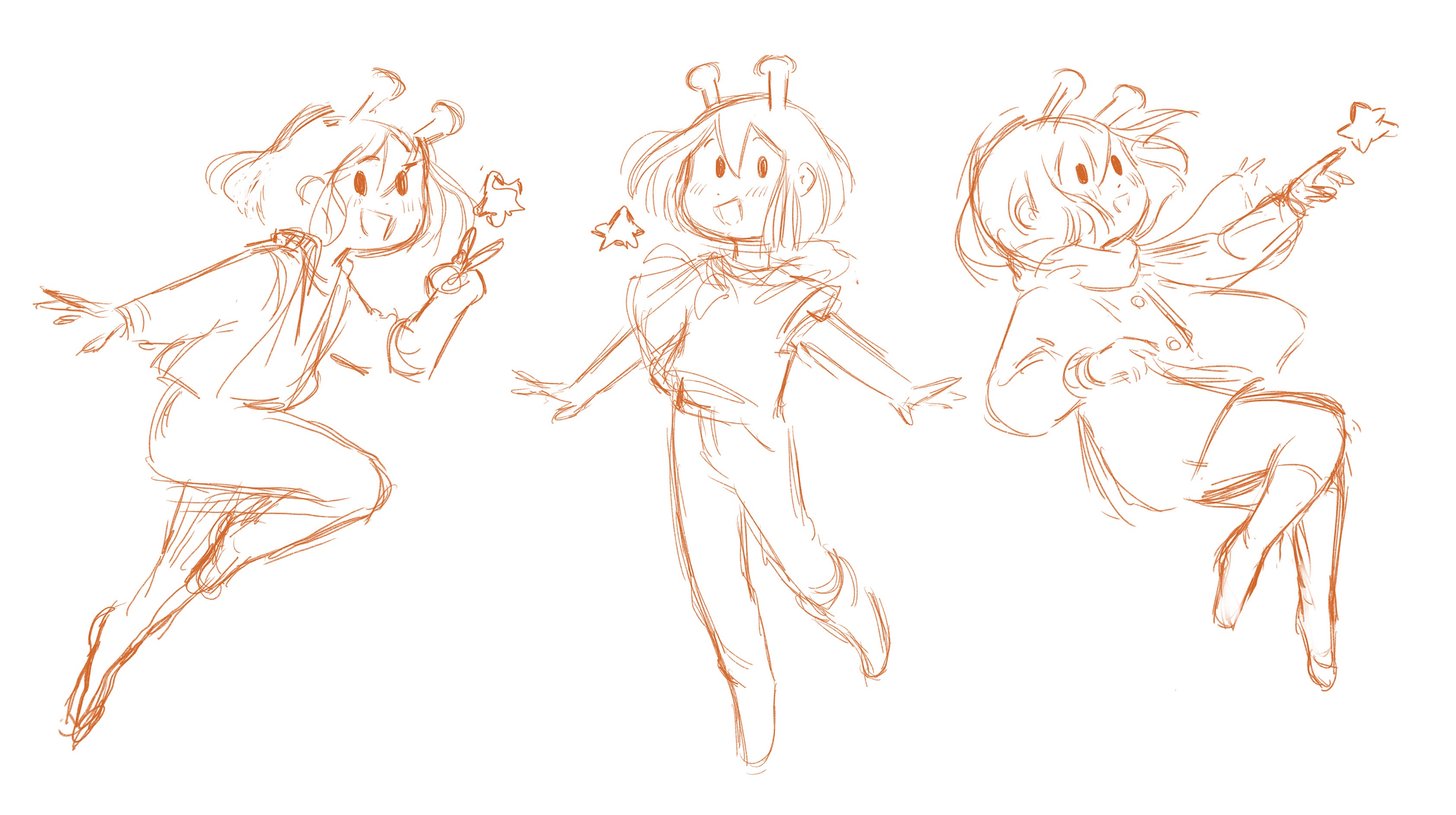 Three outlined illustrations of a character in different poses on a white background