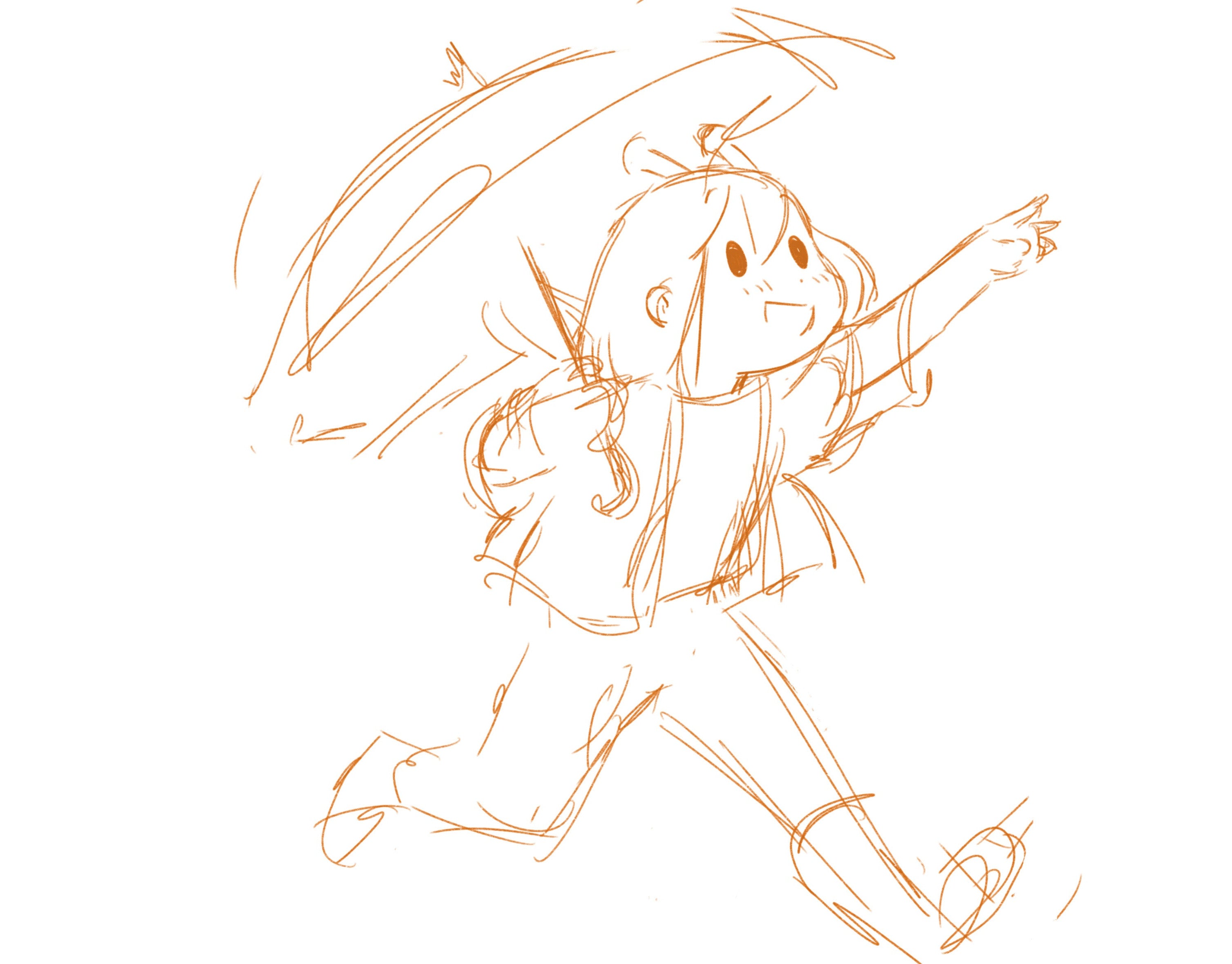 Sketch of the ADHD Alien character with an umbrella, running on a white background.