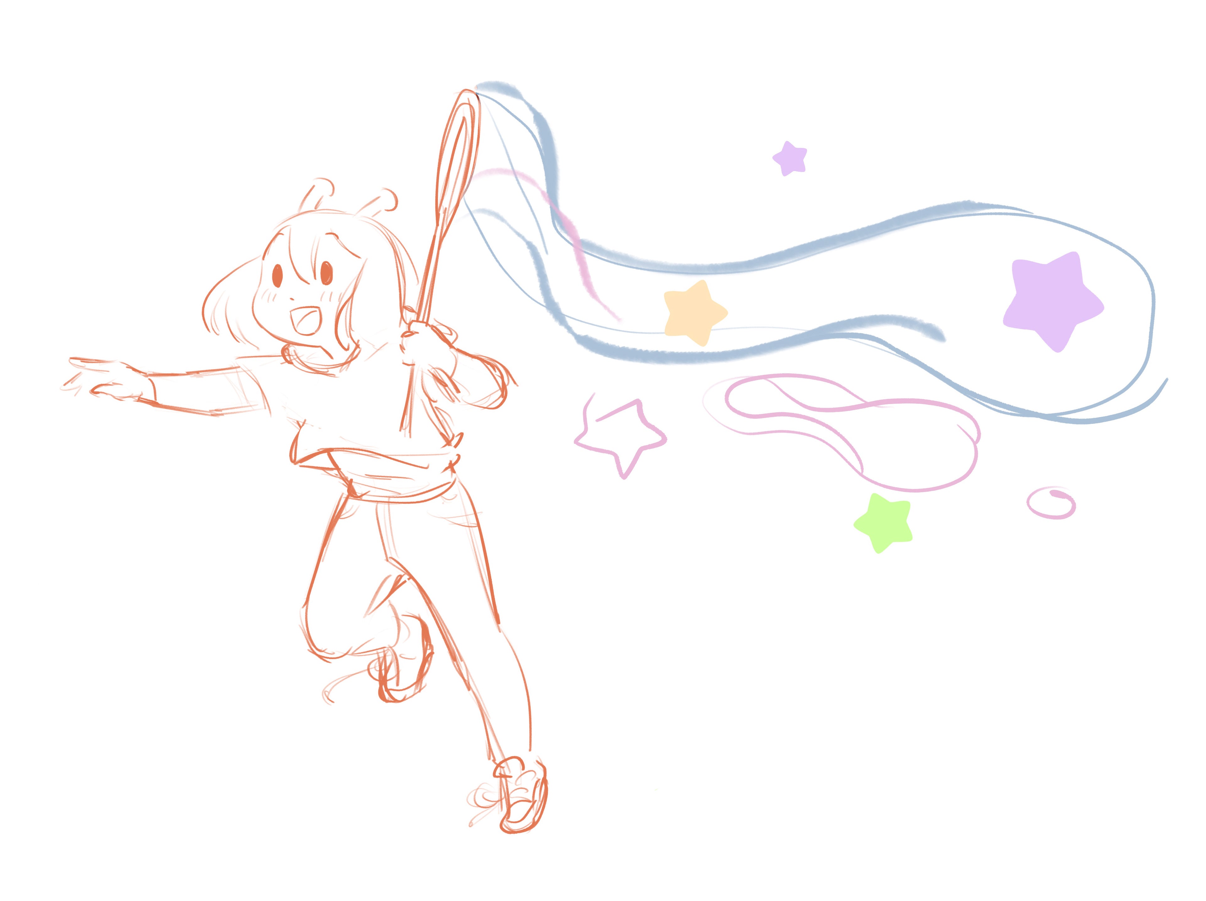 Sketch of the ADHD Alien character with a long colorful bubble and stars on a white background