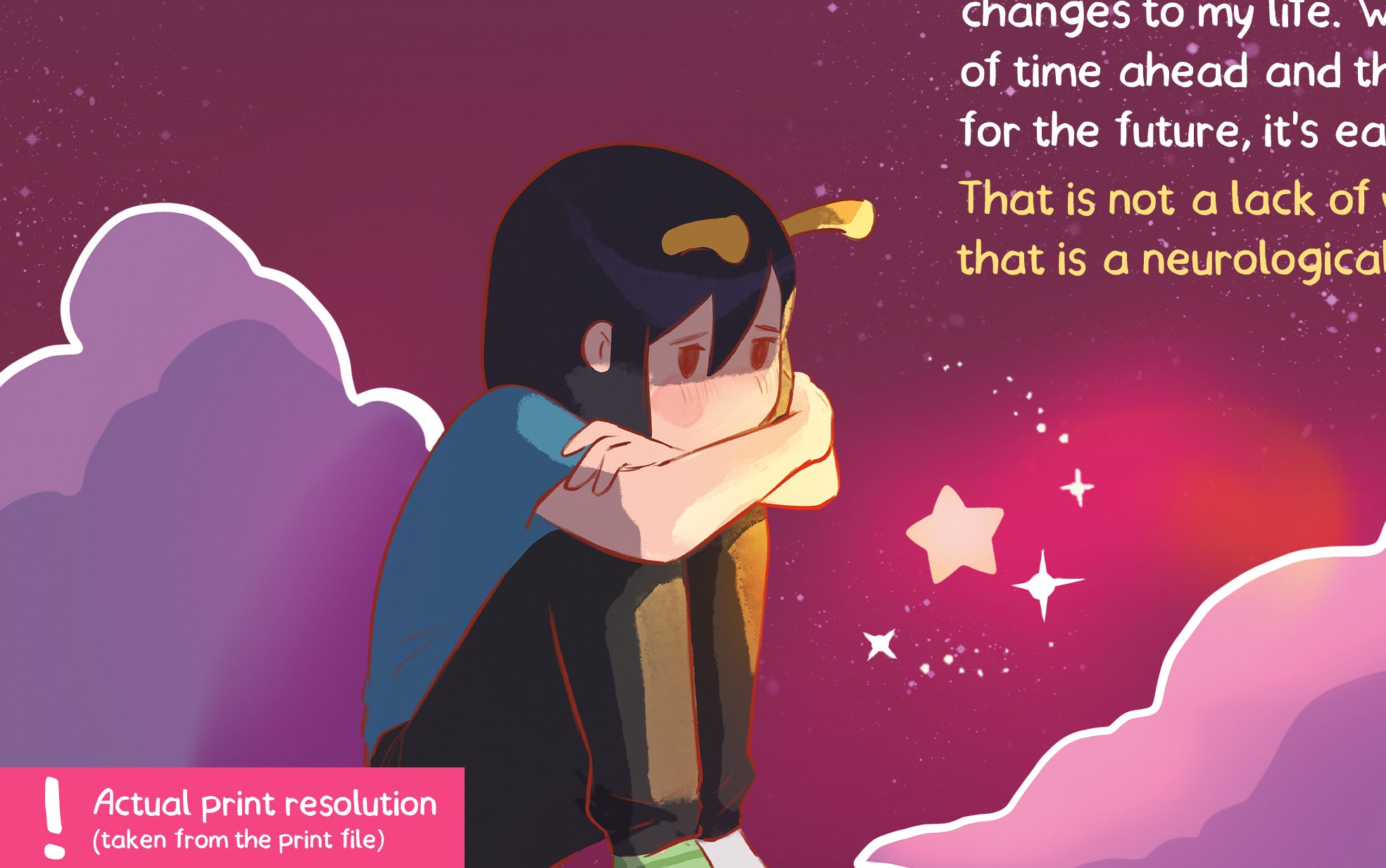 Cartoon character on a dark background and text about time perception in ADHD.