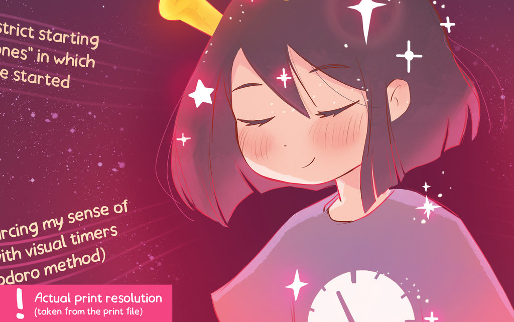 Illustration of a character with closed eyes and a neutral expression on a dark pink background with stars.