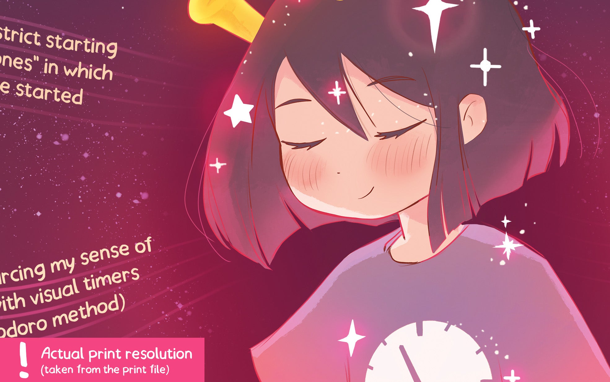Illustration of a character with closed eyes and a neutral expression on a dark pink background with stars.