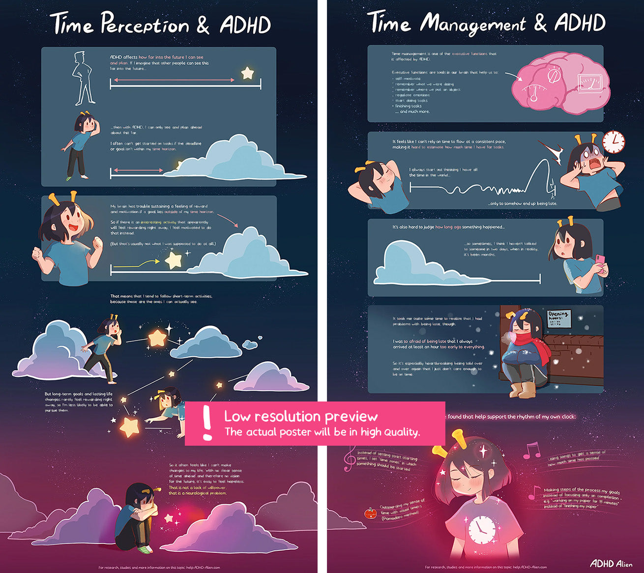 Illustrated infographic on time perception and ADHD.