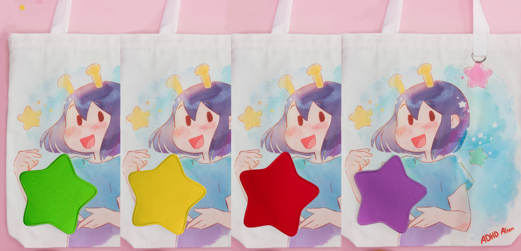 Totebag with ADHD Alien character design 4 times each showing the different star color on the totebag